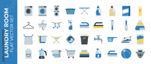 Flat Vector Icon Set of 30 Laundry Room Essentials and Household Appliances Including Washing Machine, Dryer, Detergent, Ironing Board, Laundry Basket, Cleaning Supplies, and Domestic Chores.