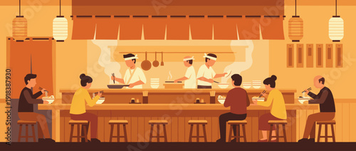 Flat Vector Illustration of a Traditional Japanese Ramen Shop Interior with People Eating at a Counter, Chefs Cooking in an Open Kitchen, Warm Lighting, Lanterns, and Cozy Restaurant Atmosphere