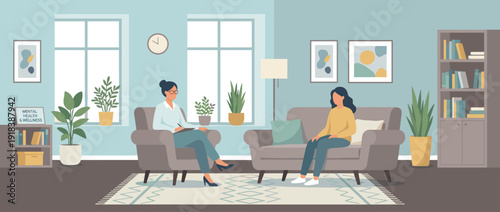 Flat Vector Illustration of a Professional Mental Health Therapy Session in a Modern Office; Female Psychologist Taking Notes while Patient Sits on Sofa in a Calm and Welcoming Healing Space.