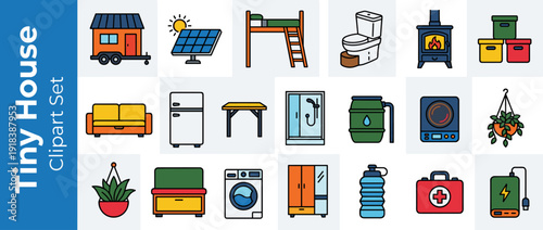 Tiny House Living Icon Set Featuring 20 Flat Design Vector Illustrations of Minimalist Essentials Including Solar Panels, Loft Bed, Composting Toilet, Wood Stove, and Sustainable Home Appliances