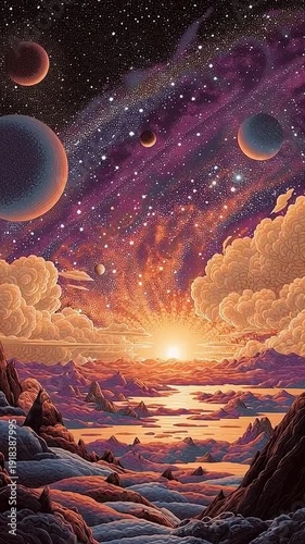 Epic alien sunrise with multiple planets glowing clouds purple nebula and rocky landscape