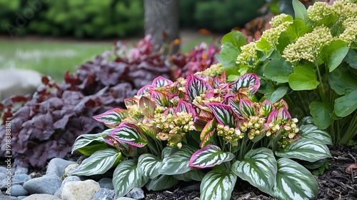 Colorful garden showcasing a vibrant calathea plant alongside white sedum flowers and decorative stones