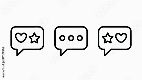 A simple graphic displays three speech bubbles each containing different social media interaction icons a heart a star and ellipsis high quality professional detailed modern elegant