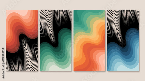 A vibrant triptych displays abstract flowing shapes with contrasting colors and optical illusion patterns creating a modern art composition high quality professional detailed elegant stylish clean