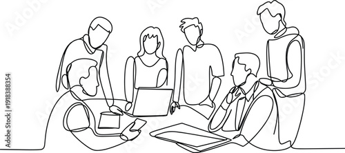 Group of six people gathered around a table with laptops and documents in a collaborative meeting setting