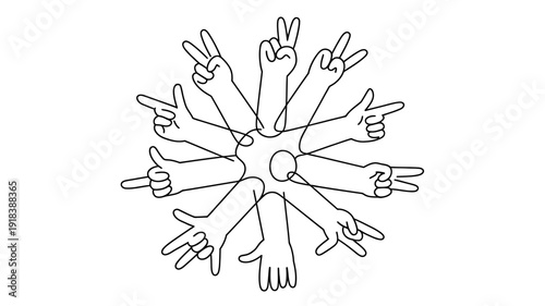 A circular arrangement of black line drawn hands displays various hand gestures including peace signs thumbs up and pointing fingers high quality professional detailed modern elegant