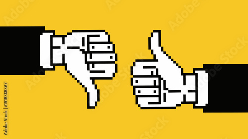 A vibrant yellow background features pixelated hands displaying opposing gestures a thumbs down and a thumbs up high quality professional detailed modern elegant stylish clean crisp