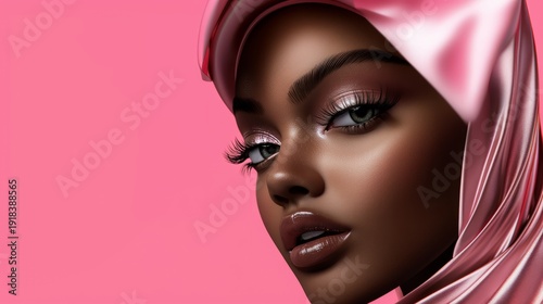 Beauty portrait of woman wearing silky pink scarf with glam makeup for editorial beauty campaign, cosmetics ad, banner and background design