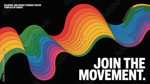 A vibrant colorful wave graphic dominates the image flowing across a dark background with the text join the movement prominently displayed high quality professional detailed modern