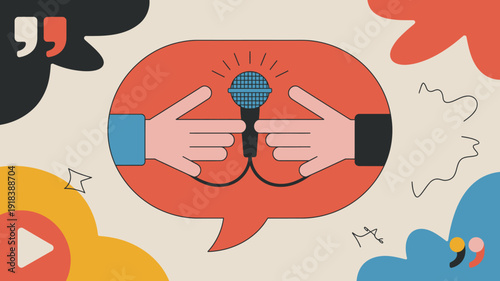An illustration depicts a microphone held by two hands within a speech bubble symbolizing communication and public speaking high quality professional detailed modern elegant stylish clean
