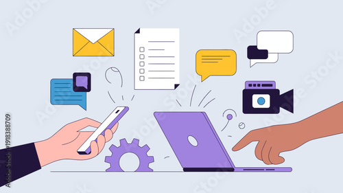A colorful illustration depicts digital communication and technology showcasing a laptop smartphone and various icons like emails and messages high quality professional detailed modern elegant stylish