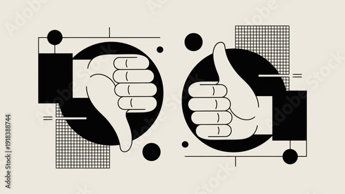 A minimalist illustration depicts two hands one giving a thumbs down and the other a thumbs up set against a geometric neutral background high quality professional