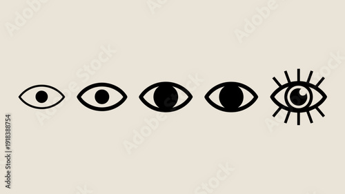 A series of stylized black eyes are displayed in a row progressing from a simple dot to a more complex radiant design high quality professional detailed