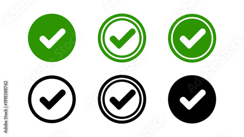 A collection of six circular checkmark icons are displayed with variations in color and outline representing confirmation or approval high quality professional detailed modern elegant stylish