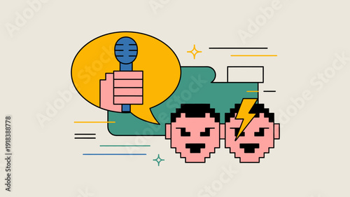A pixelated illustration depicts a hand giving a thumbs up near a microphone contrasted with two frustrated pixelated faces high quality professional detailed modern elegant stylish
