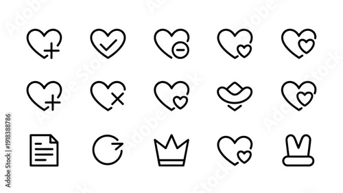 A collection of black and white line icons depicting various heart symbols including plus checkmark and crown elements high quality professional detailed modern elegant stylish clean