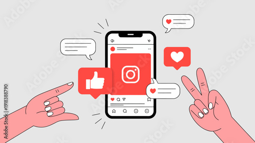 A smartphone displays the instagram app with floating message bubbles hearts and hand gestures symbolizing social media interaction high quality professional detailed modern elegant stylish clean