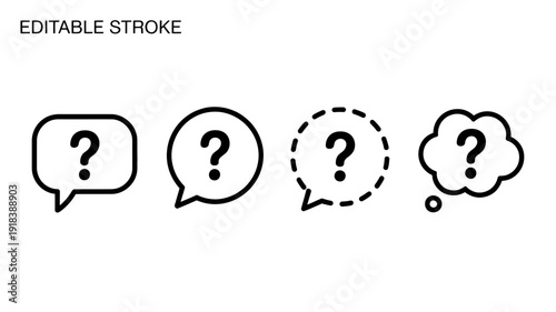A series of four black line art question mark speech bubbles varying in style and shape are displayed on a white background high quality professional detailed