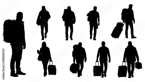 Traveler silhouette icon collection. Includes people walking with luggage, backpacks, and suitcases. Created in black silhouette style with white background.