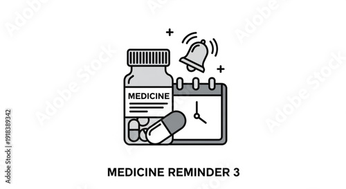 A medicine bottle and pills on a calendar with an alarm bell ringing indicating a reminder to take medication on time from a close-up view