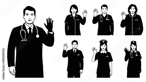 Medical professionals icon collection. Includes doctors, nurses, healthcare workers. Created in black vector style with monochromatic palette.