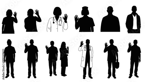 Occupational silhouettes icon collection. Includes doctor, business, engineer, and student silhouettes. Created in black style with white background.