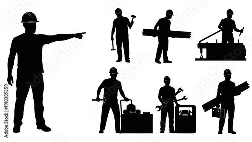 Construction worker icon set. Includes laborer, engineer, technician, worker with tools, generator, drill, and pipe. Created in black silhouette style with white background