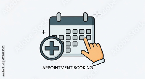 Hand clicking on calendar for appointment scheduling with medical theme and plus sign icon