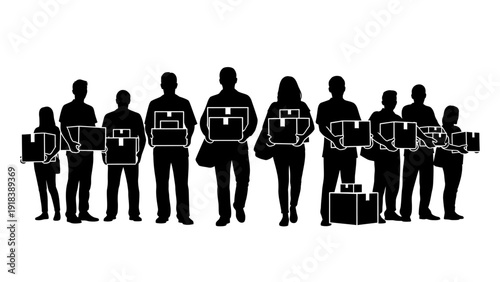 Business people with luggage and briefcases silhouette collection. Includes office workers, travelers, or commuters. Created in black vector style with white outlines.