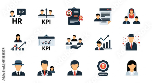 Business professionals and HR icons set depicting various workplace scenarios and KPI metrics in a modern flat design