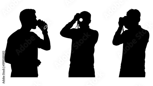 Silhouette of three men drinking from bottles, isolated on white background