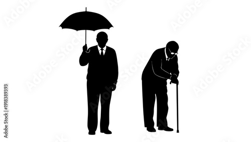 Two men silhouette, one with umbrella standing, the other with cane bending, isolated on transparent background