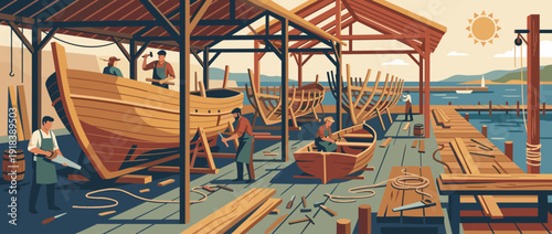 Flat Vector Illustration of a Traditional Boat Building Workshop at a Harbor with Skilled Carpenters Crafting Wooden Hulls Using Hand Tools Like Saws and Hammers Under a Sunny Sky by the Sea