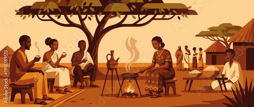 Flat vector illustration of a traditional Ethiopian coffee ceremony with people roasting and serving coffee under a tree in a village setting, featuring jebena, popcorn, and cultural attire.