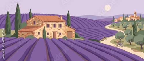 Flat vector illustration of a scenic lavender field in Provence, France, with a traditional stone farmhouse, purple flower rows, cypress trees, olive groves, and bicycles on a winding country road.