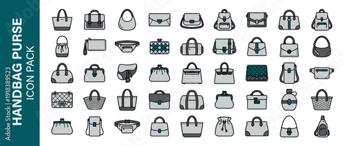 Vector Icon Set of 45 Handbag and Purse Styles Including Totes, Clutches, Backpacks, Briefcases, Satchels, and Crossbody Bags in a Clean Flat Design with Monochrome and Teal Accents for Fashion.