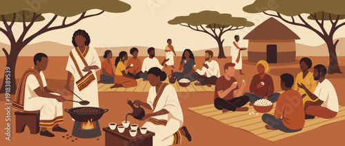 Flat Vector Illustration of a Traditional Ethiopian Coffee Ceremony with People in Habesha Clothing Roasting Beans and Serving Coffee in a Savanna Village Setting with Acacia Trees and Hut.