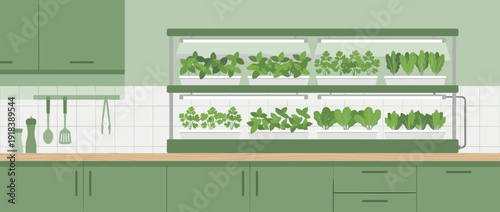 Flat Vector Illustration of a Modern Indoor Hydroponic Herb Garden in a Kitchen with LED Grow Lights, Fresh Basil, Mint, and Lettuce. Sustainable Urban Farming and Smart Home Gardening Concept.