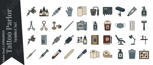 Professional Vector Icon Set of 40 Tattoo Parlor and Body Art Supplies in Flat Design; Features Studio Equipment, Tattoo Machines, Ink Bottles, Needles, Piercing Tools, and Hygiene Essentials.