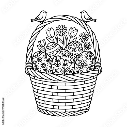 Easter basket with colorful pysanky eggs, tulips, iris flowers and pussy willow branches, vector illustration