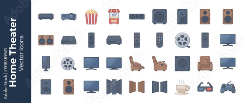 Set of 32 Home Theater and Entertainment Vector Icons Featuring Projector, Popcorn, Speakers, Remote Control, TV Screen, Recliner Chair, Film Reel, and Game Controller in Flat Design Style.