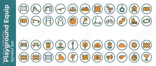 Vector Icon Set of 40 Playground Equipment and Children's Park Items in Flat Design Duotone Color Scheme. Includes Swings, Slides, Seesaw, Sandbox, Benches, Trees, and Outdoor Sports Gear.