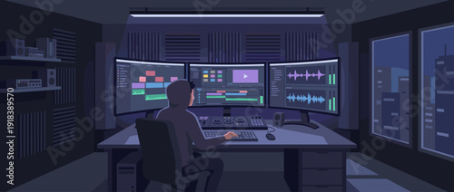 Flat vector illustration of a professional video editor working in a modern dark studio suite with triple monitor setup showing timeline software, audio waveforms, and post-production tools at night.