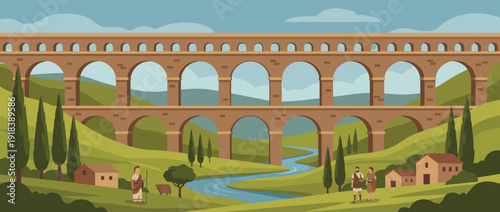 Flat vector illustration of a scenic ancient Roman aqueduct spanning a lush green valley with a winding river, cypress trees, small houses, and people in traditional historical Roman attire.