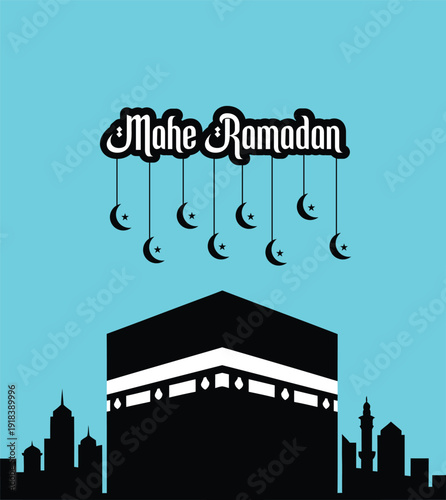 Mahe ramadan greeting with kaaba silhouette and hanging crescent moons over a city skyline background for islamic holy month celebration.