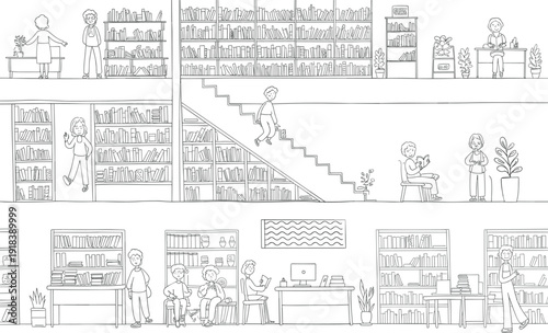 People engaging in various activities in a library with bookshelves and plants reading