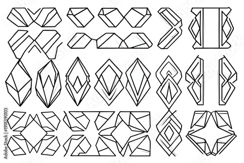 Collection of geometric diamond shapes in various forms and compositions, vector illustration