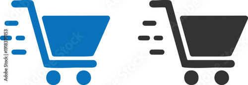 Monochrome Graphic Set: Express Delivery and Online Retail, Minimalist Vector Illustration of a Moving Shopping Trolley, vector, illustration, silhouette.