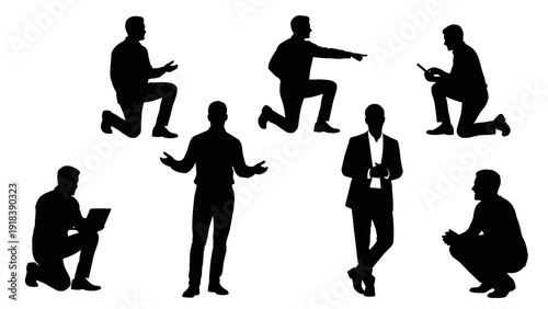 Business people silhouette icon set. Includes office workers, professionals, and executives in various poses. Created in black silhouette style with white background.