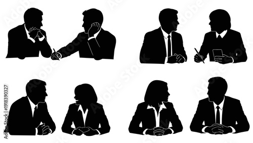Business people silhouette icon set. Includes professionals talking, working, meeting. Created in black silhouette style with white background.